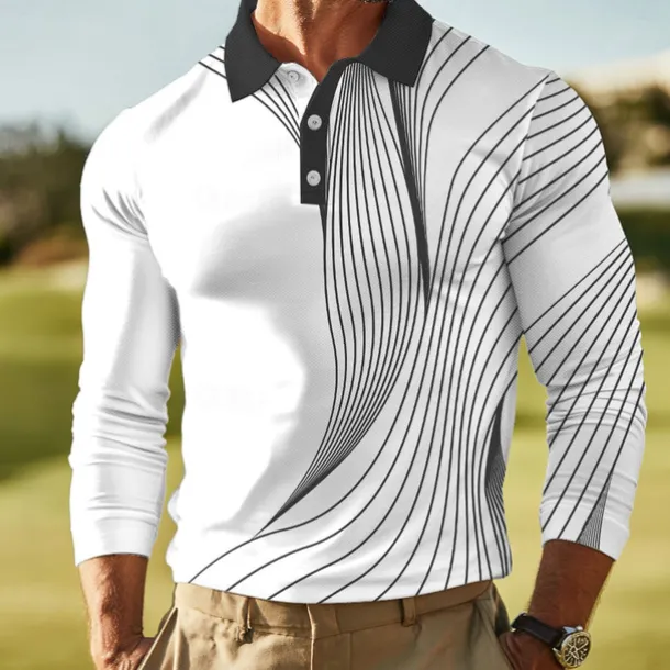 Men's Abstract Line Polo Long Sleeve Polo Shirts Lapel Business Casual Outdoor Athleisure Daily Wear 3D Print Buttons Spring Fall Winter Black Red Blue