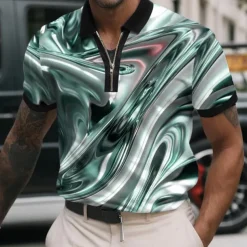 Men's Abstract Metallic Zip Polo Shirts Short Sleeve Polo Shirts Collared Shirts Casual Athleisure Daily Wear 3D Print Summer Pink Blue Green