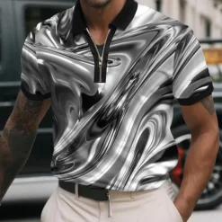 Men's Abstract Metallic Zip Polo Shirts Short Sleeve Polo Shirts Collared Shirts Casual Athleisure Daily Wear 3D Print Summer Pink Blue Green