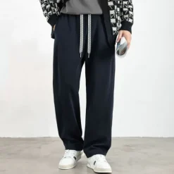 Men's Active Pants Wide Leg Sweatpants Elastic Waist Woven Solid Color Geometric Full Length Outdoor Casual Daily Sports Fashion Navy Blue Beige Micro-elastic