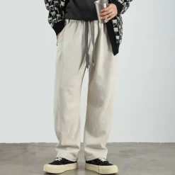 Men's Active Pants Wide Leg Sweatpants Elastic Waist Woven Solid Color Geometric Full Length Outdoor Casual Daily Sports Fashion Navy Blue Beige Micro-elastic