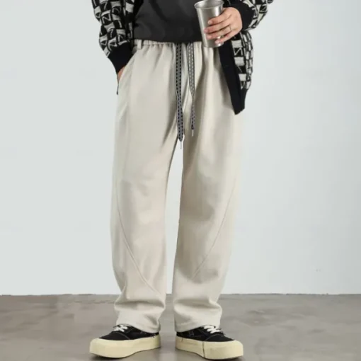 Men's Active Pants Wide Leg Sweatpants Elastic Waist Woven Solid Color Geometric Full Length Outdoor Casual Daily Sports Fashion Navy Blue Beige Micro-elastic