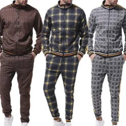 men's activewear sets - winter long sleeve classic plaid tracksuit - full-zip sweatshirt jacket with pants for mens - stylish sportswear for men gym - xmas gifts for men