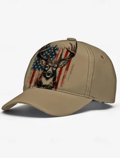 Men's Adjustable Baseball Cap with Patriotic Deer Print and American Flag Design - Outdoor Sports and Casual Wear Hat