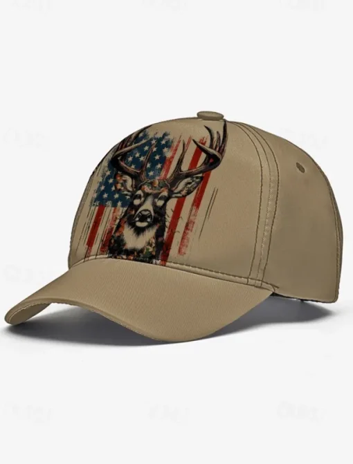 Men's Adjustable Baseball Cap with Patriotic Deer Print and American Flag Design - Outdoor Sports and Casual Wear Hat