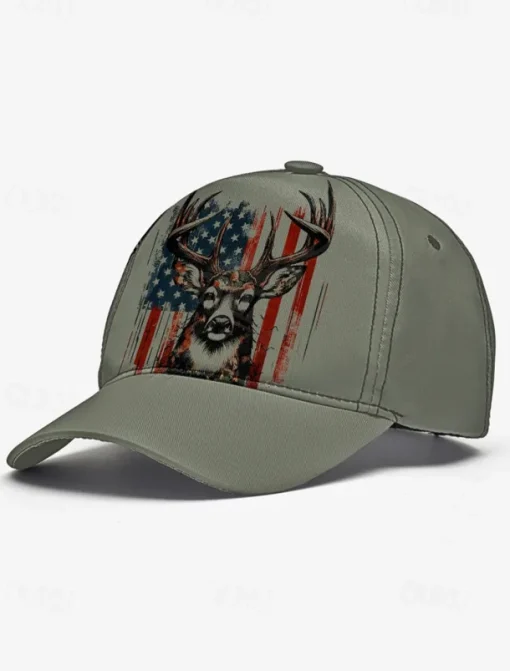 Men's Adjustable Baseball Cap with Patriotic Deer Print and American Flag Design - Outdoor Sports and Casual Wear Hat