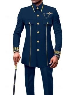 Men's Africa Festival Party Suits Black White Solid Colored Standard Fit 2 Piece Single Breasted More-button