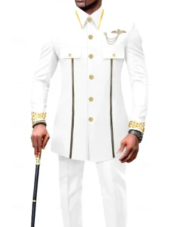 Men's Africa Festival Party Suits Black White Solid Colored Standard Fit 2 Piece Single Breasted More-button