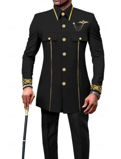 Men's Africa Festival Party Suits Black White Solid Colored Standard Fit 2 Piece Single Breasted More-button