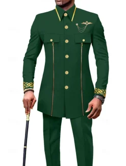 Men's Africa Festival Party Suits Black White Solid Colored Standard Fit 2 Piece Single Breasted More-button