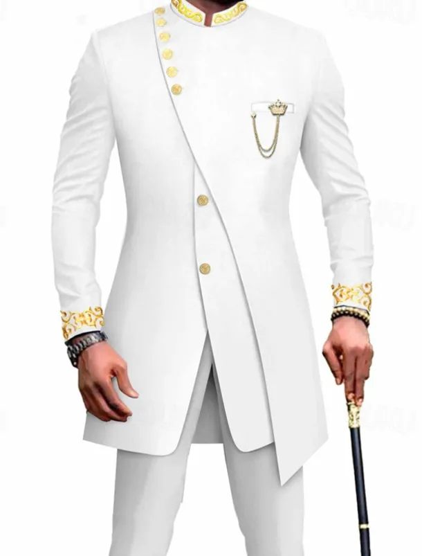 Men's Africa Festival Suits Black White Patterned Tailored Fit 2 Piece Single Breasted More-button