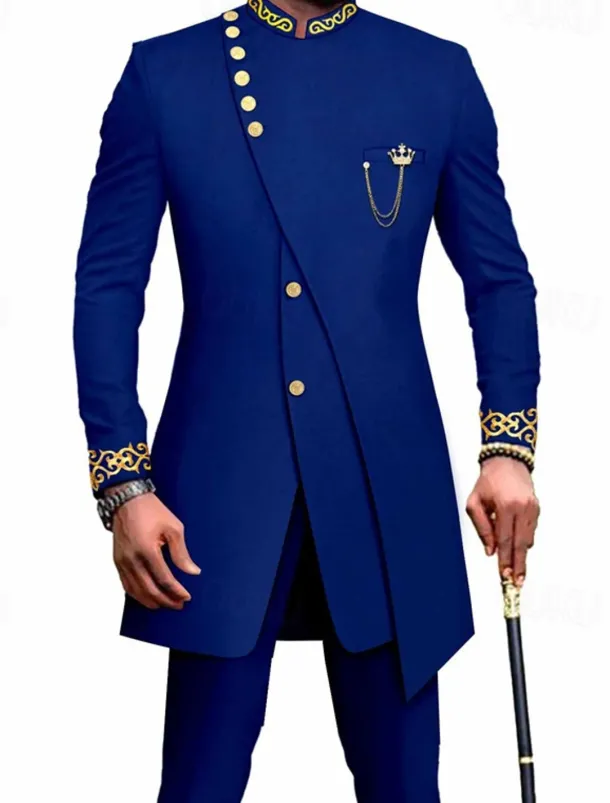 Men's Africa Festival Suits Black White Patterned Tailored Fit 2 Piece Single Breasted More-button