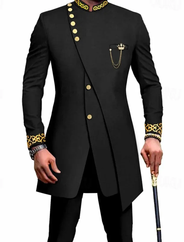 Men's Africa Festival Suits Black White Patterned Tailored Fit 2 Piece Single Breasted More-button