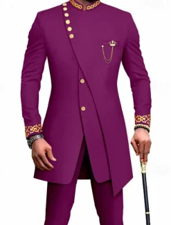 Men's Africa Festival Suits Black White Patterned Tailored Fit 2 Piece Single Breasted More-button