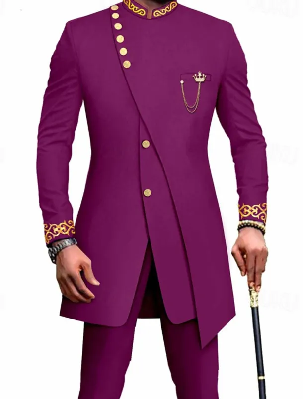 Men's Africa Festival Suits Black White Patterned Tailored Fit 2 Piece Single Breasted More-button