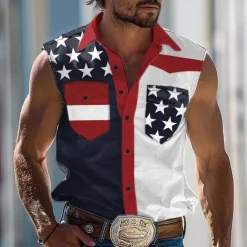 Men's American / USA National Flag Shirt Western Shirt Cowboy Shirt Sleeveless Western Style Outdoor Party Summer Spring Shirt Collar White