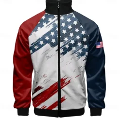 Men's American Flag Bomber Jacket Coat Breathable Comfortable Dailywear Zipper Side Pockets 3D Print Spring Fall Winter Standing Collar Long Sleeve Blue