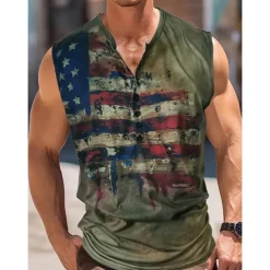 Men's American Flag Tank Top Henley Shirt Sleeveless Vintage Fashion Designer Outdoor Casual Daily Summer Spring & Fall Green Brown Gray Henley Henley T-Shirt