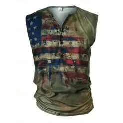 Men's American Flag Tank Top Henley Shirt Sleeveless Vintage Fashion Designer Outdoor Casual Daily Summer Spring & Fall Green Brown Gray Henley Henley T-Shirt
