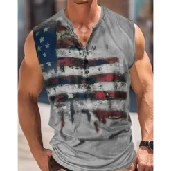 Men's American Flag Tank Top Henley Shirt Sleeveless Vintage Fashion Designer Outdoor Casual Daily Summer Spring & Fall Green Brown Gray Henley Henley T-Shirt