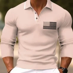 Men's American Flag Veterans Golf Shirt Long Sleeve Polo Shirts Collared Shirts Casual Vacation Wear Party Outfits Buttons 3D Print Fall & Winter Black Pink Green