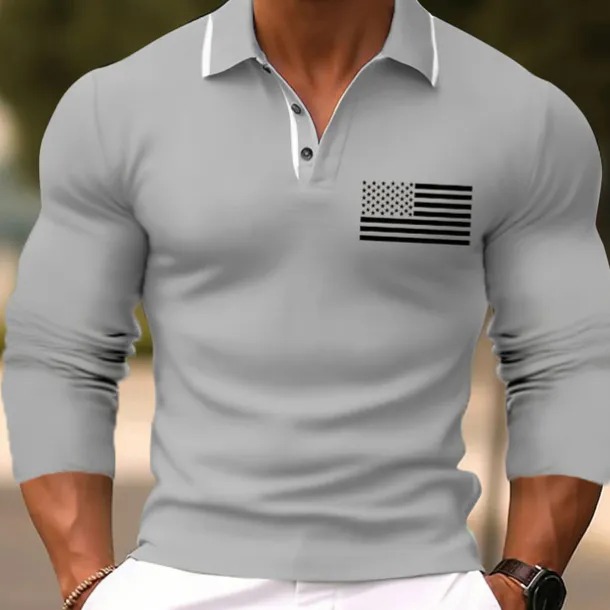 Men's American Flag Veterans Golf Shirt Long Sleeve Polo Shirts Collared Shirts Casual Vacation Wear Party Outfits Buttons 3D Print Fall & Winter Black Pink Green