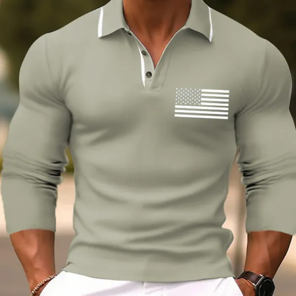 Men's American Flag Veterans Golf Shirt Long Sleeve Polo Shirts Collared Shirts Casual Vacation Wear Party Outfits Buttons 3D Print Fall & Winter Black Pink Green