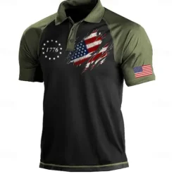 Men's American Flag Veterans Polo Shirts Golf Shirt Short Sleeve Polo Shirts Collared Shirts Streetwear Vacation Wear Party Outfits Buttons 3D Print Summer Spring Black