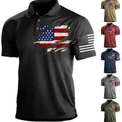Men's American Flag Veterans Polo Shirts Golf Shirt Short Sleeve Polo Shirts Collared Shirts Casual Streetwear Vacation Wear Party Outfits Buttons 3D Print Black Red Navy Blue