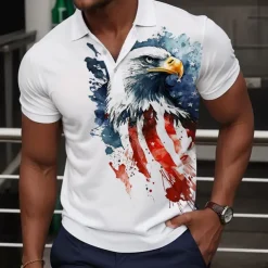Men's American Flag Veterans Golf Shirt Short Sleeve Polo Shirts Collared Shirts Casual Streetwear Vacation Wear Party Outfits Buttons 3D Print Summer White