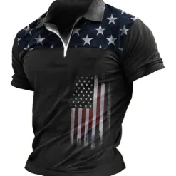 Men's American Flag Veterans Zip Polo Shirts Golf Shirt Short Sleeve Polo Shirts Collared Shirts Casual Streetwear Vacation Wear Party Outfits 3D Print Quarter Zip Polo Black-White Black Red