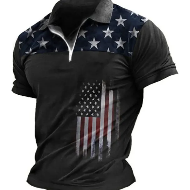 Men's American Flag Veterans Zip Polo Shirts Golf Shirt Short Sleeve Polo Shirts Collared Shirts Casual Streetwear Vacation Wear Party Outfits 3D Print Quarter Zip Polo Black-White Black Red