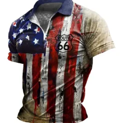 Men's American Flag Veterans Zip Polo Shirts Golf Shirt Short Sleeve Polo Shirts Collared Shirts Casual Streetwear Vacation Wear Party Outfits 3D Print Quarter Zip Polo Black-White Black Red