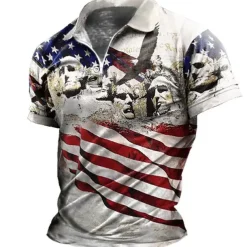 Men's American Flag Veterans Zip Polo Shirts Golf Shirt Short Sleeve Polo Shirts Collared Shirts Casual Streetwear Vacation Wear Party Outfits 3D Print Quarter Zip Polo Black-White Black Red