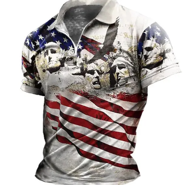 Men's American Flag Veterans Zip Polo Shirts Golf Shirt Short Sleeve Polo Shirts Collared Shirts Casual Streetwear Vacation Wear Party Outfits 3D Print Quarter Zip Polo Black-White Black Red