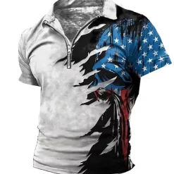Men's American Flag Veterans Zip Polo Shirts Golf Shirt Short Sleeve Polo Shirts Collared Shirts Casual Streetwear Vacation Wear Party Outfits 3D Print Quarter Zip Polo Black-White Black Red