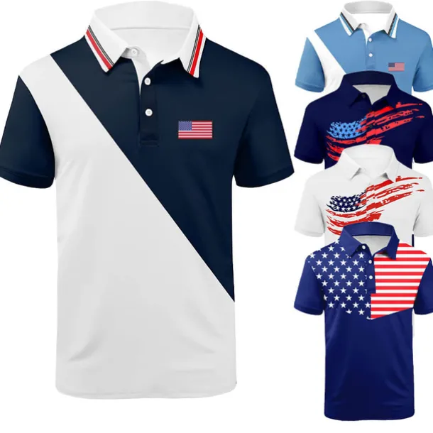 Men's American Flag Veterans Polo Shirts Golf Shirt Short Sleeve Polo Shirts Collared Shirts Casual Streetwear Vacation Wear Party Outfits Buttons 3D Print White Navy Blue Blue