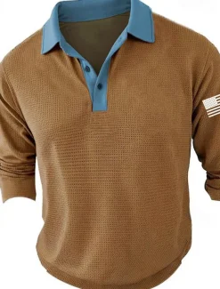 Men's American Flag Veterans Golf Shirt Long Sleeve Polo Shirts Collared Shirts Casual Vacation Wear Party Outfits Buttons 3D Print Spring & Summer Blue Green Khaki
