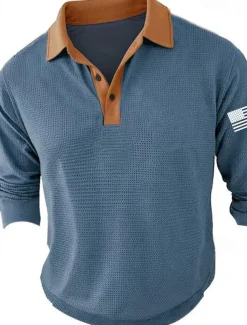 Men's American Flag Veterans Golf Shirt Long Sleeve Polo Shirts Collared Shirts Casual Vacation Wear Party Outfits Buttons 3D Print Spring & Summer Blue Green Khaki