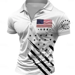 Men's American Flag Veterans Zip Polo Shirts Golf Shirt Short Sleeve Polo Shirts Collared Shirts Streetwear Vacation Wear Party Outfits 3D Print Quarter Zip Polo Spring & Summer White Blue