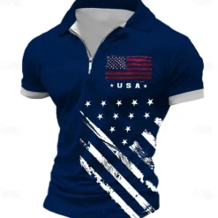 Men's American Flag Veterans Zip Polo Shirts Golf Shirt Short Sleeve Polo Shirts Collared Shirts Streetwear Vacation Wear Party Outfits 3D Print Quarter Zip Polo Spring & Summer White Blue