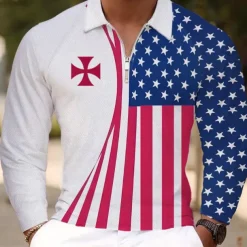 Men's American Flag Veterans Polo Shirts Golf Polos Shirts Long Sleeve Polo Shirts Collar Vacation Party Evening Wear Dailywear Zipper 3D Print Spring Fall & Winter Blue