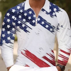 Men's American Flag Veterans Polo Shirts Golf Polos Shirts Long Sleeve Polo Shirts Collar Vacation Party Evening Wear Dailywear Zipper 3D Print Spring Fall & Winter Blue