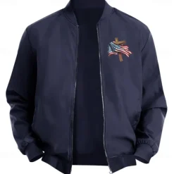 Men's American US Flag Cross Bomber Jacket Coat Casual Sports Outdoor Daily Wear Side Pockets Zip Front Graphic Fall Winter Standing Collar Long Sleeve Black Red Army Green