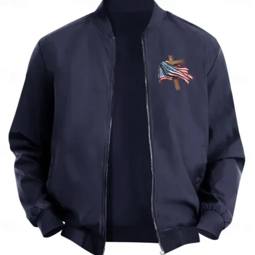 Men's American US Flag Cross Bomber Jacket Coat Casual Sports Outdoor Daily Wear Side Pockets Zip Front Graphic Fall Winter Standing Collar Long Sleeve Black Red Army Green