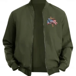 Men's American US Flag Cross Bomber Jacket Coat Casual Sports Outdoor Daily Wear Side Pockets Zip Front Graphic Fall Winter Standing Collar Long Sleeve Black Red Army Green