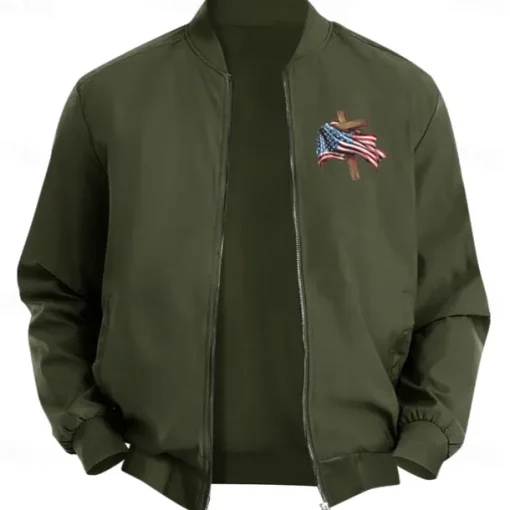 Men's American US Flag Cross Bomber Jacket Coat Casual Sports Outdoor Daily Wear Side Pockets Zip Front Graphic Fall Winter Standing Collar Long Sleeve Black Red Army Green