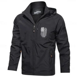 Men's American US Flag Jacket Raincoat Shell Jacket Waterproof Rain Waterproof Lightweight Casual Sports Outdoor Camping & Hiking Embroidered Side Pockets Zip Front Fall Winter Hooded Long Sleeve