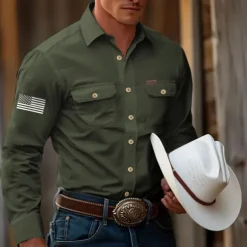 Men's American US Flag Patriotic Work Shirt Western Shirt Cargo Shirt Long Sleeve Casual Tactical Sports & Outdoor Going out Winter Spring & Fall Turndown Print Black Army Green Blue