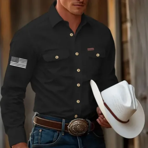 Men's American US Flag Patriotic Work Shirt Western Shirt Cargo Shirt Long Sleeve Casual Tactical Sports & Outdoor Going out Winter Spring & Fall Turndown Print Black Army Green Blue